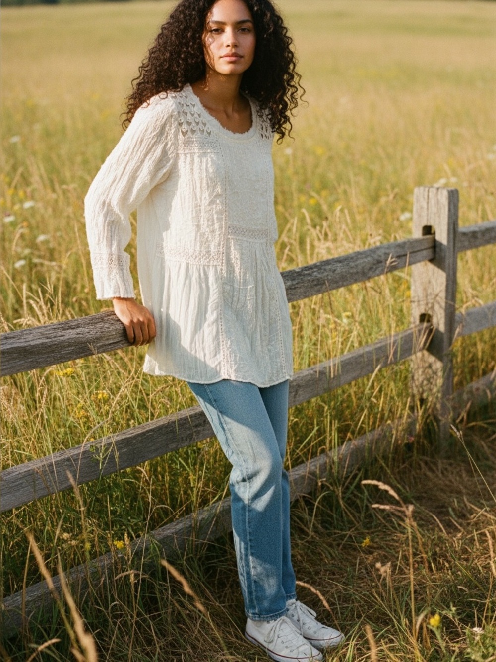 NEW V Cristina cream Lace Long Sleeve Blouse L Boho Romantic